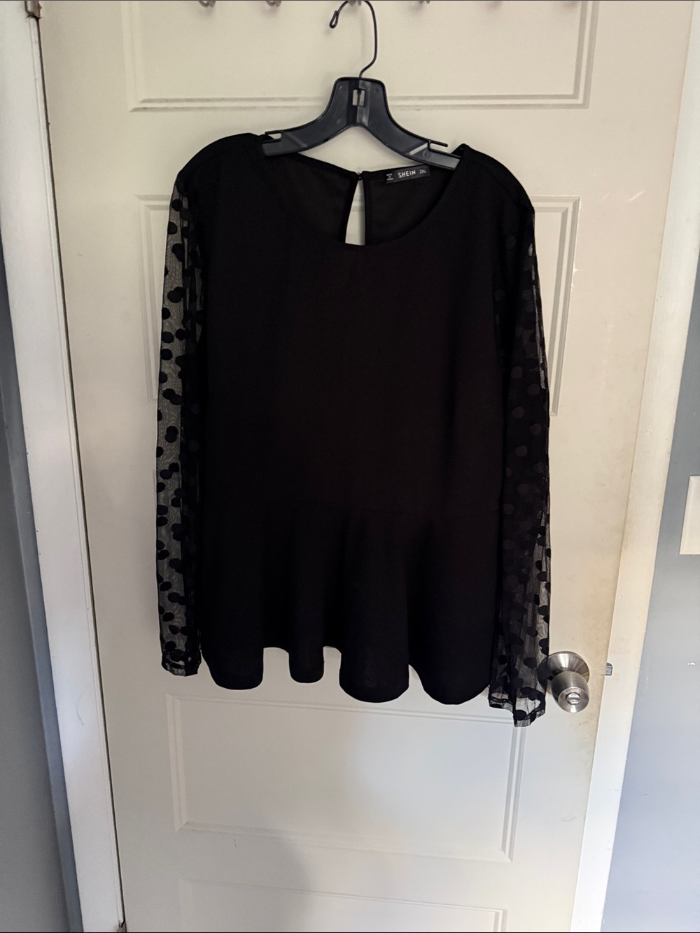 SHEIN Black Peplum Blouse with Sheer Polka Dot Sleeves